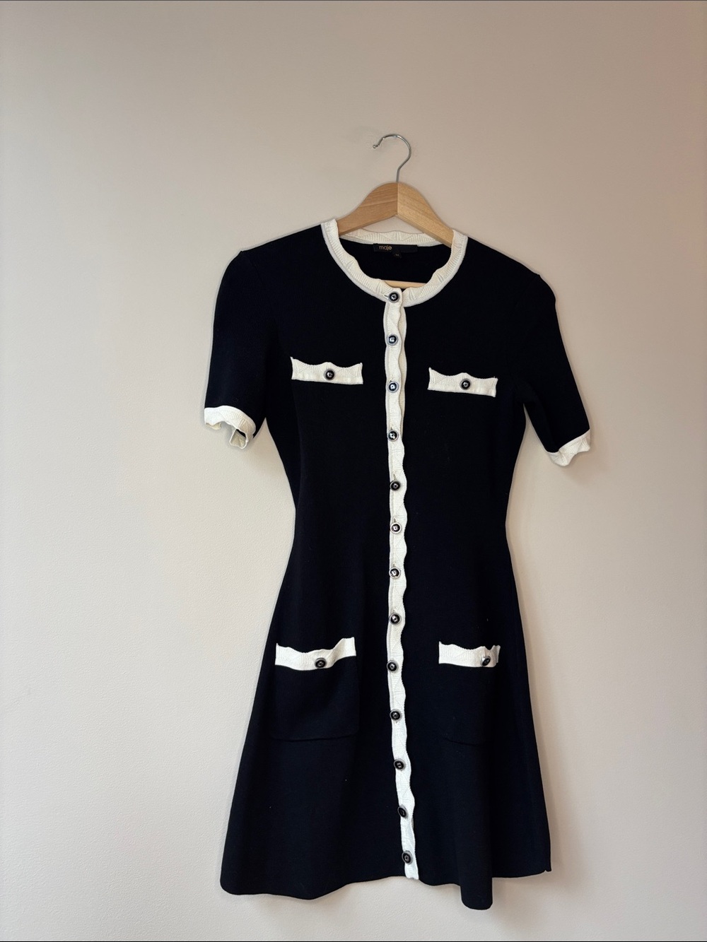 Maje Black Mini Dress with White Contrast Trim - Picture 2 of 9